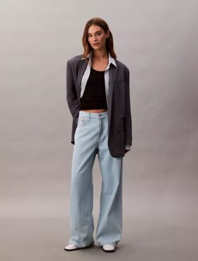 Jeans de ganga de perna larga em mistura de linho Jeans de ganga de perna larga em mistura de linho