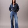 Jeans de ganga de perna larga em mistura de linho Jeans de ganga de perna larga em mistura de linho