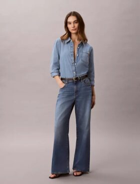 Jeans de ganga de perna larga em mistura de linho