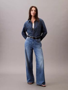 Jeans de ganga de perna larga em mistura de linho