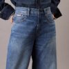 Jeans de ganga de perna larga em mistura de linho Jeans de ganga de perna larga em mistura de linho