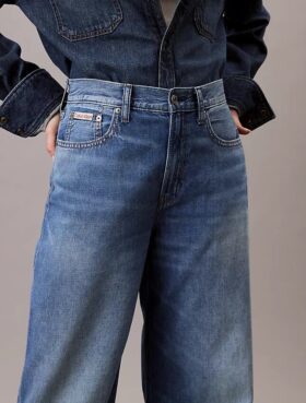 Jeans de ganga de perna larga em mistura de linho