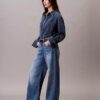 Jeans de ganga de perna larga em mistura de linho Jeans de ganga de perna larga em mistura de linho