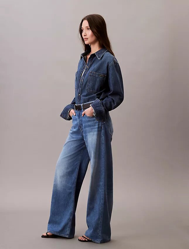 Jeans de ganga de perna larga em mistura de linho Jeans de ganga de perna larga em mistura de linho