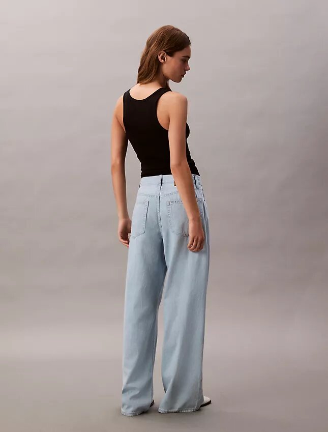 Jeans de ganga de perna larga em mistura de linho Jeans de ganga de perna larga em mistura de linho