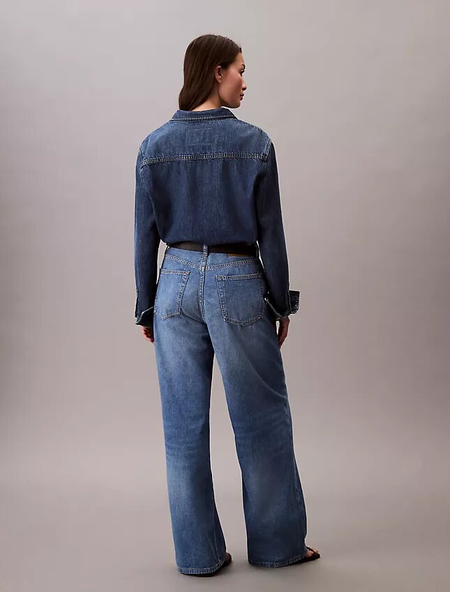 Jeans de ganga de perna larga em mistura de linho Jeans de ganga de perna larga em mistura de linho