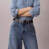 Jeans de ganga de perna larga em mistura de linho