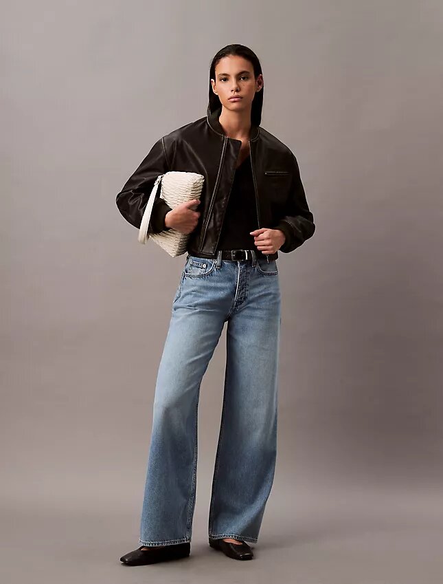 Jeans de perna larga em mistura de liocel Jeans de perna larga em mistura de liocel