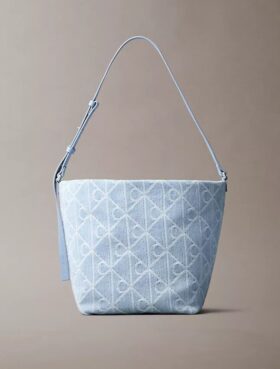 Mala tipo balde de Denim com logótipo Emblem por toda a superfície