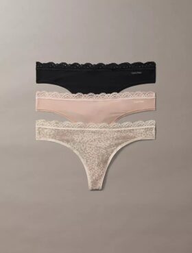 Microfiber Thong com renda, embalagem de 3 unidades