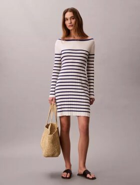 Mini-vestido de manga comprida com riscas e canelado