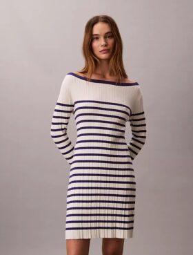 Mini-vestido de manga comprida com riscas e canelado
