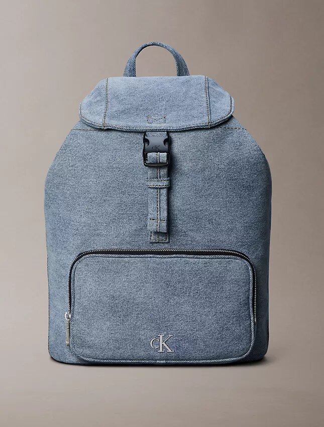 Mochila mini com aba em Denim e logótipo Mochila mini com aba em Denim e logótipo