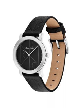 Relógio com mostrador com emblema em toda a superfície e bracelete em pele