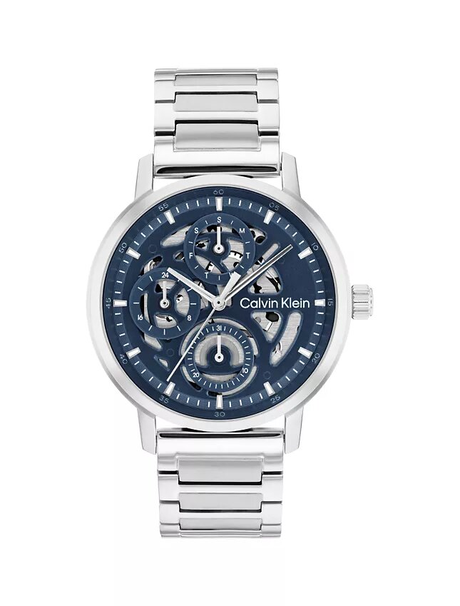 Relógio multifunções com mostrador exposto e bracelete de elos Relógio multifunções com mostrador exposto e bracelete de elos
