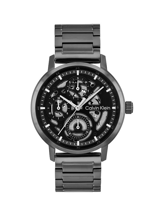 Relógio multifunções com mostrador exposto e bracelete de elos Relógio multifunções com mostrador exposto e bracelete de elos
