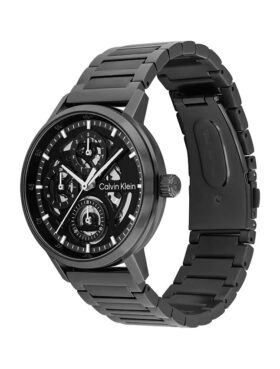 Relógio multifunções com mostrador exposto e bracelete de elos