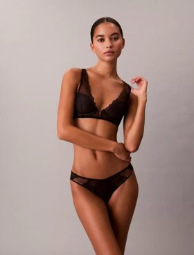 Sutiã Plunge com Renda Geométrica Preta CK Black, Ligeiramente Forrado