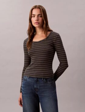 T-shirt de gola em U com canelado em algodão