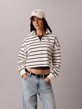 Top curto em felpo com Monogram às riscas