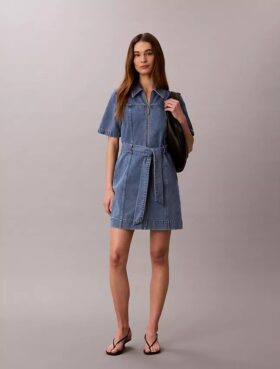 Vestido camisa de ganga com cinto
