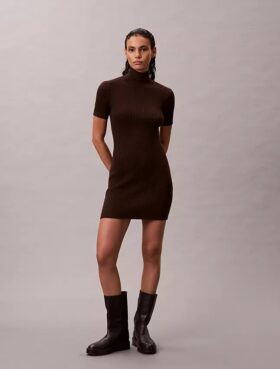Vestido de malha com canelado em mistura de lã merino e lurex