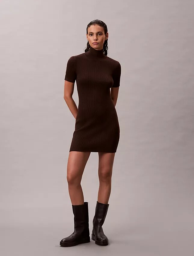 Vestido de malha com canelado em mistura de lã merino e lurex Vestido de malha com canelado em mistura de lã merino e lurex