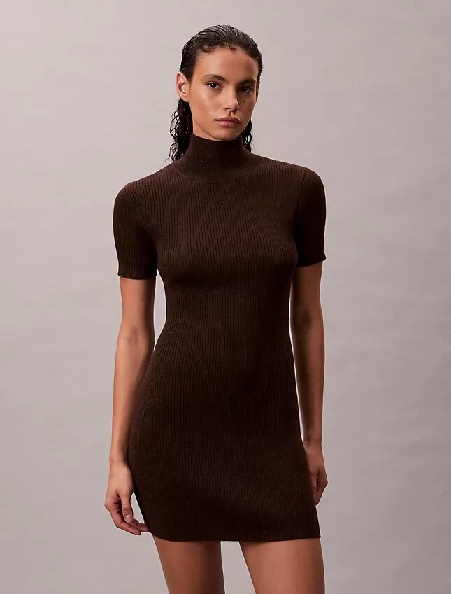 Vestido de malha com canelado em mistura de lã merino e lurex Vestido de malha com canelado em mistura de lã merino e lurex