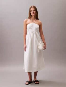 Vestido Midi com Decote Halter em Sarja de Algodão