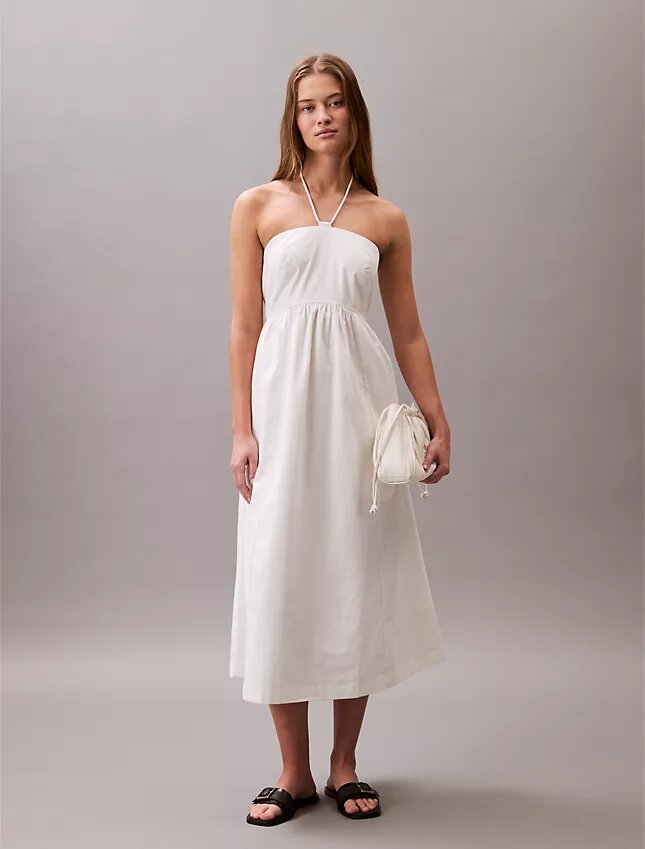 Vestido Midi com Decote Halter em Sarja de Algodão Vestido Midi com Decote Halter em Sarja de Algodão
