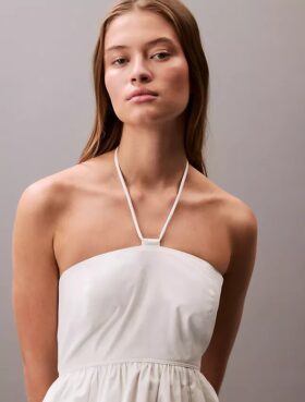 Vestido Midi com Decote Halter em Sarja de Algodão