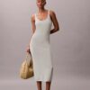 Vestido Midi de Mistura de Linho com Decote Redondo Vestido Midi de Mistura de Linho com Decote Redondo