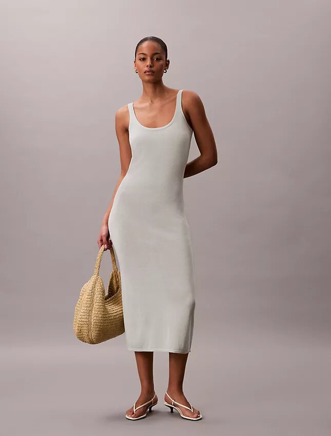 Vestido Midi de Mistura de Linho com Decote Redondo Vestido Midi de Mistura de Linho com Decote Redondo