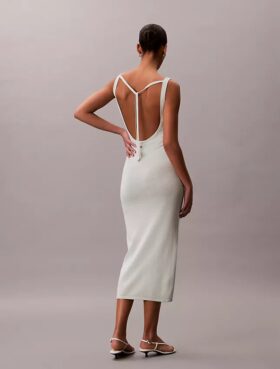 Vestido Midi de Mistura de Linho com Decote Redondo