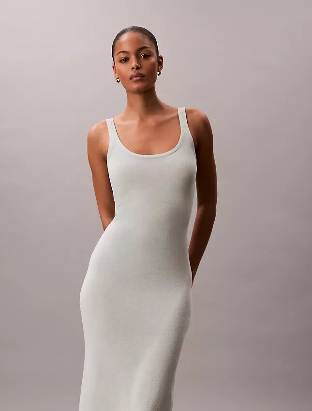 Vestido Midi de Mistura de Linho com Decote Redondo Vestido Midi de Mistura de Linho com Decote Redondo