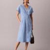 Vestido Midi de Popeline de Algodão às Riscas Vestido Midi de Popeline de Algodão às Riscas