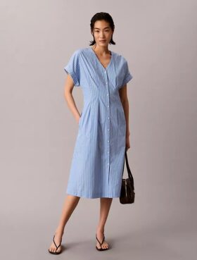 Vestido Midi de Popeline de Algodão às Riscas