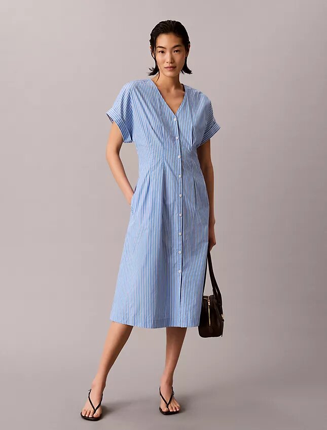 Vestido Midi de Popeline de Algodão às Riscas Vestido Midi de Popeline de Algodão às Riscas