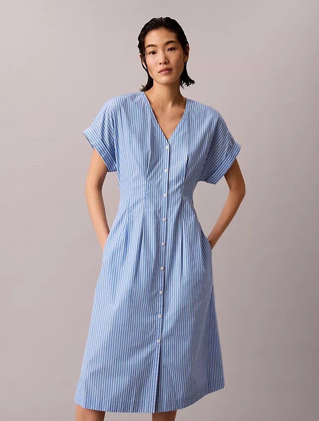Vestido Midi de Popeline de Algodão às Riscas Vestido Midi de Popeline de Algodão às Riscas