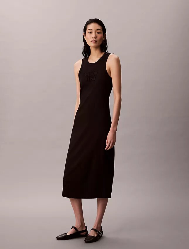 Vestido Midi Sem Mangas com Logótipo Calvin Klein Vestido Midi Sem Mangas com Logótipo Calvin Klein