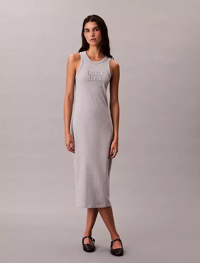 Vestido Midi Sem Mangas com Logótipo Calvin Klein Vestido Midi Sem Mangas com Logótipo Calvin Klein
