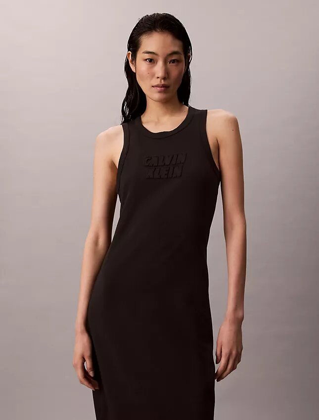 Vestido Midi Sem Mangas com Logótipo Calvin Klein Vestido Midi Sem Mangas com Logótipo Calvin Klein