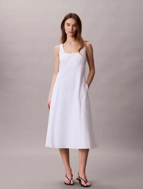 Vestido midi sem mangas em popeline de algodão