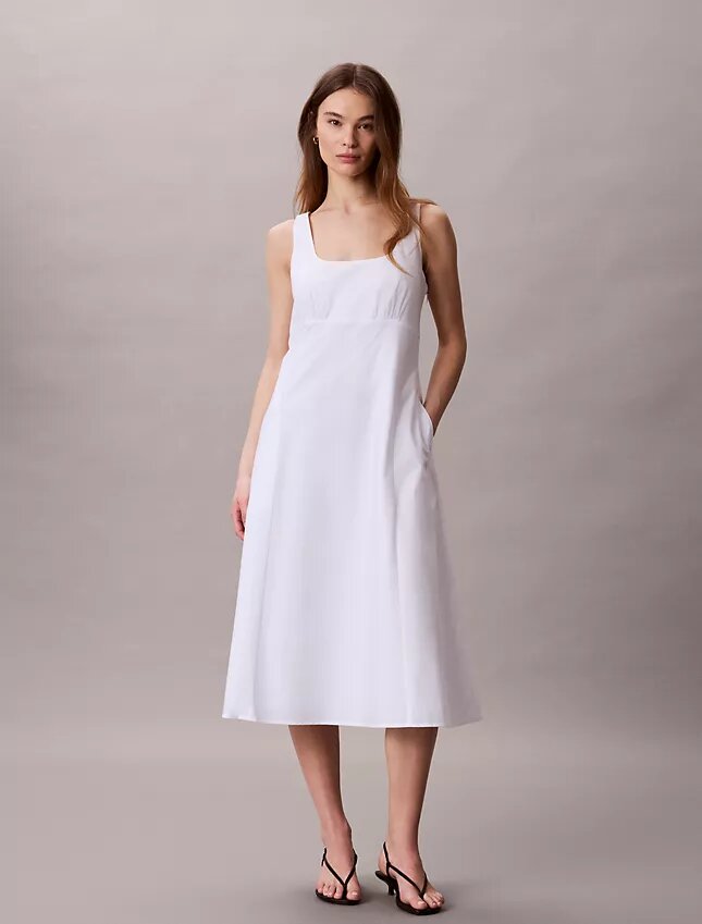 Vestido midi sem mangas em popeline de algodão Vestido midi sem mangas em popeline de algodão