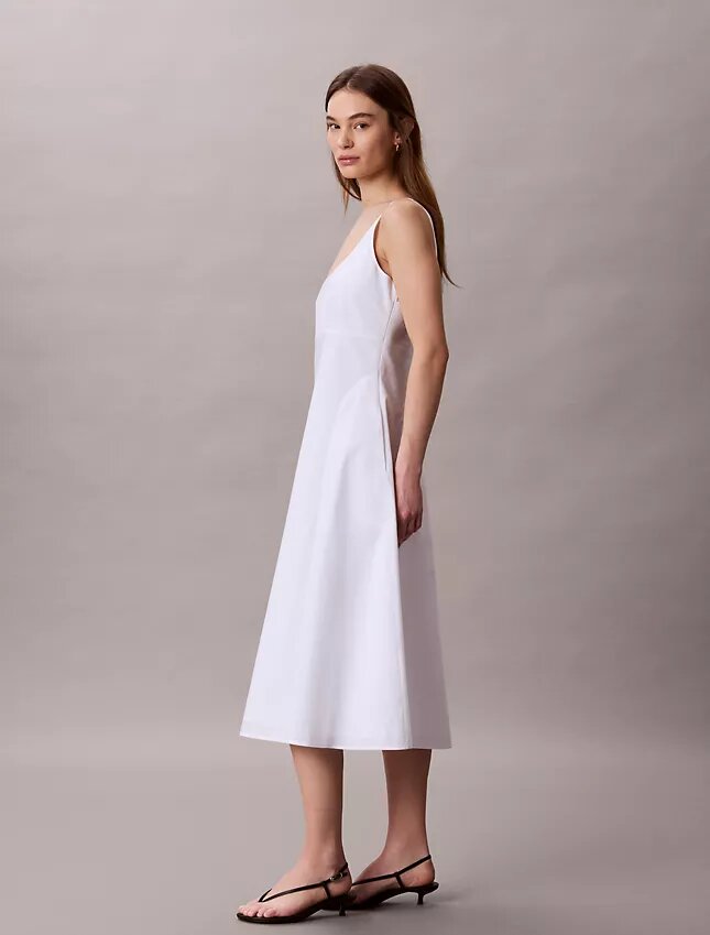 Vestido midi sem mangas em popeline de algodão Vestido midi sem mangas em popeline de algodão